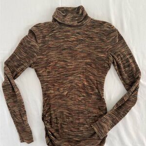 Worth Brown Marled Turtleneck Top Size Small Wool Blend Ruched Sides